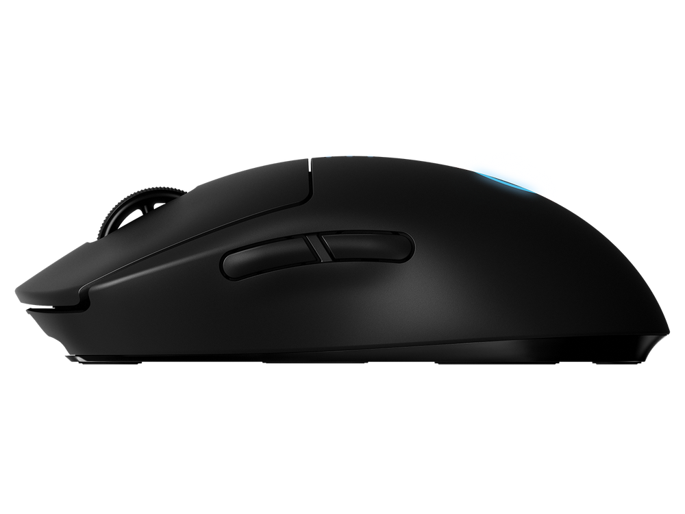 Logitech G PRO Wireless Gaming Mouse in Black, side profile showing the two side buttons and the lit G logo