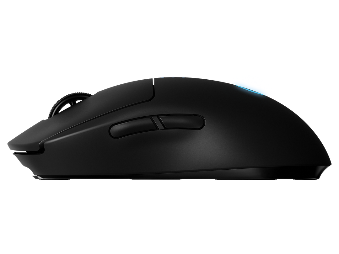 Logitech G PRO Wireless Gaming Mouse in Black, side profile showing the two side buttons and the lit G logo