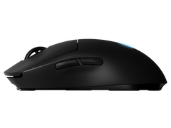 Logitech G PRO Wireless Gaming Mouse in Black, side profile showing the two side buttons and the lit G logo