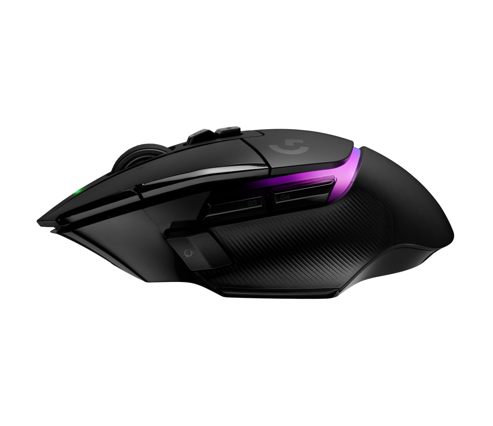 Logitech G502 X PLUS in Black, left side profile with the thumb rest, the DPI-Shift button and the side buttons