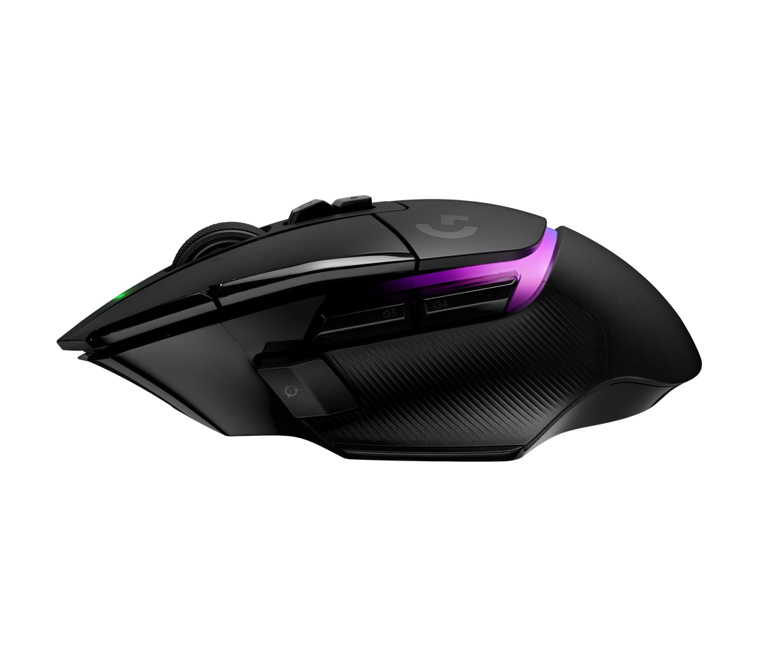 Logitech G502 X PLUS in Black, left side profile with the thumb rest, the DPI-Shift button and the side buttons
