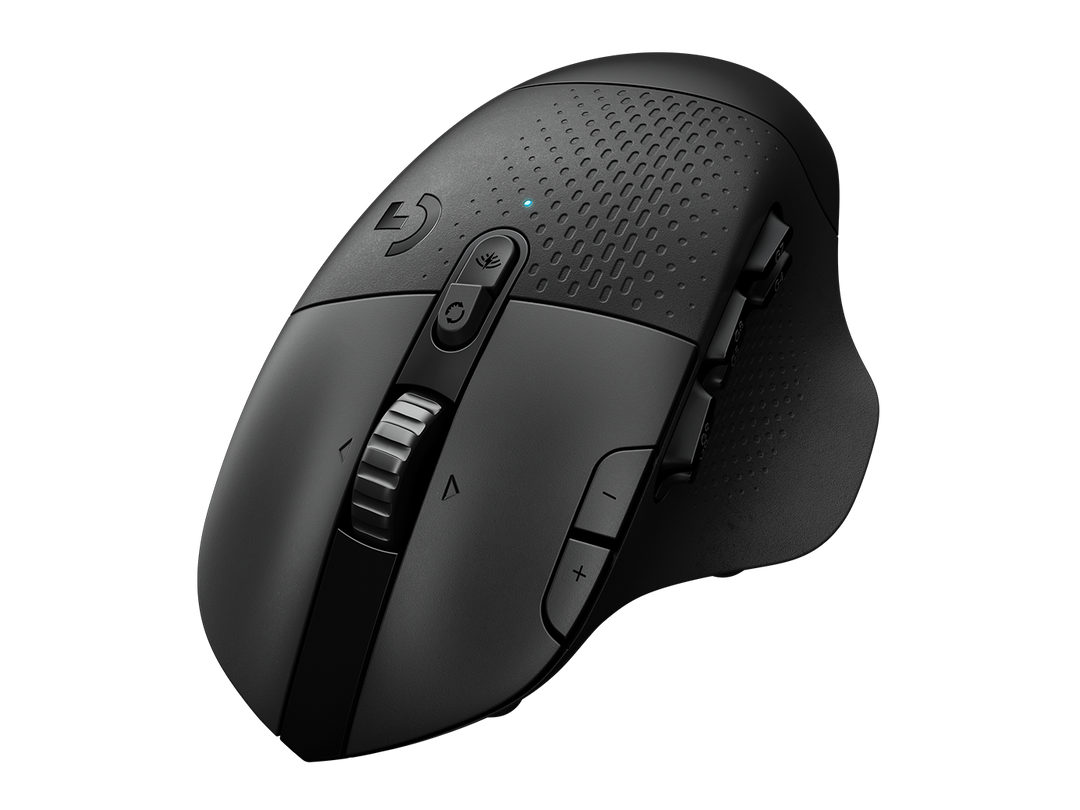 Logitech G604 LIGHTSPEED Wireless Gaming Mouse in Black, front view showing the scroll wheel, the buttons behind it and the G logo
