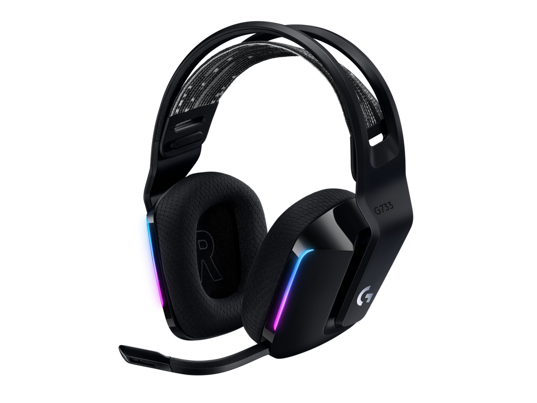 Logitech G733 in Black, front three-quarter view with the boom microphone and RGB light strips