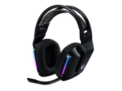 Logitech G733 in Black, front three-quarter view with the boom microphone and RGB light strips