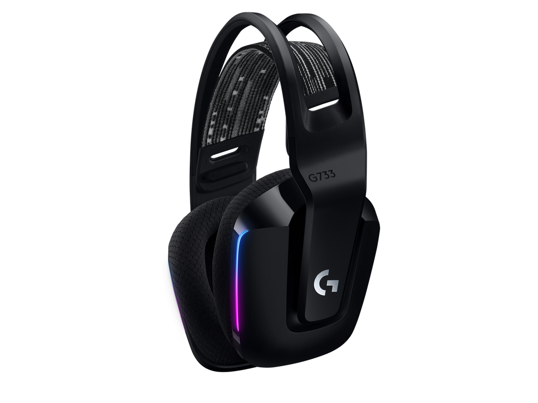 Logitech G733 in Black from the side, showing the earcup with the G logo and the suspension headband
