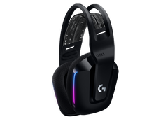 Logitech G733 in Black from the side, showing the earcup with the G logo and the suspension headband