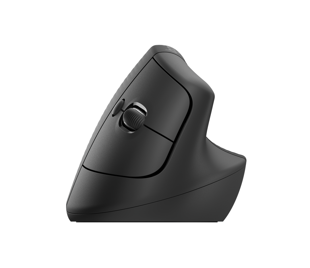 Logitech Lift Vertical Ergonomic Mouse in Graphite from the front, showing the upright shape, the scroll wheel and the main buttons