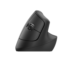 Logitech Lift Vertical Ergonomic Mouse in Graphite from the front, showing the upright shape, the scroll wheel and the main buttons