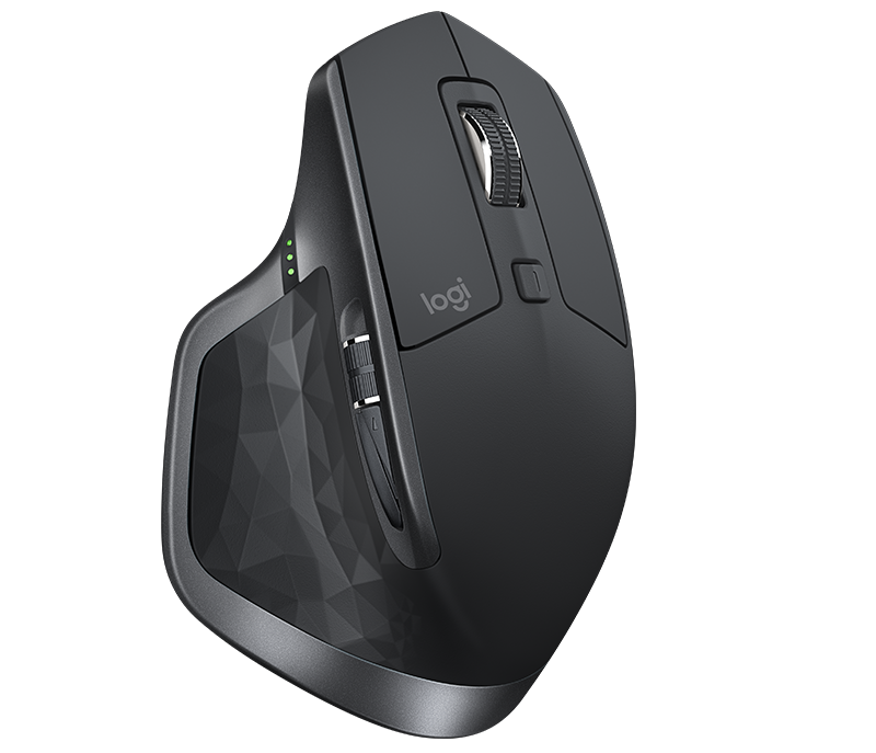 Logitech MX Master 2S in Graphite seen from above at an angle, showing the sculpted thumb rest and the side buttons