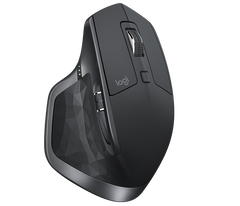 Logitech MX Master 2S in Graphite seen from above at an angle, showing the sculpted thumb rest and the side buttons