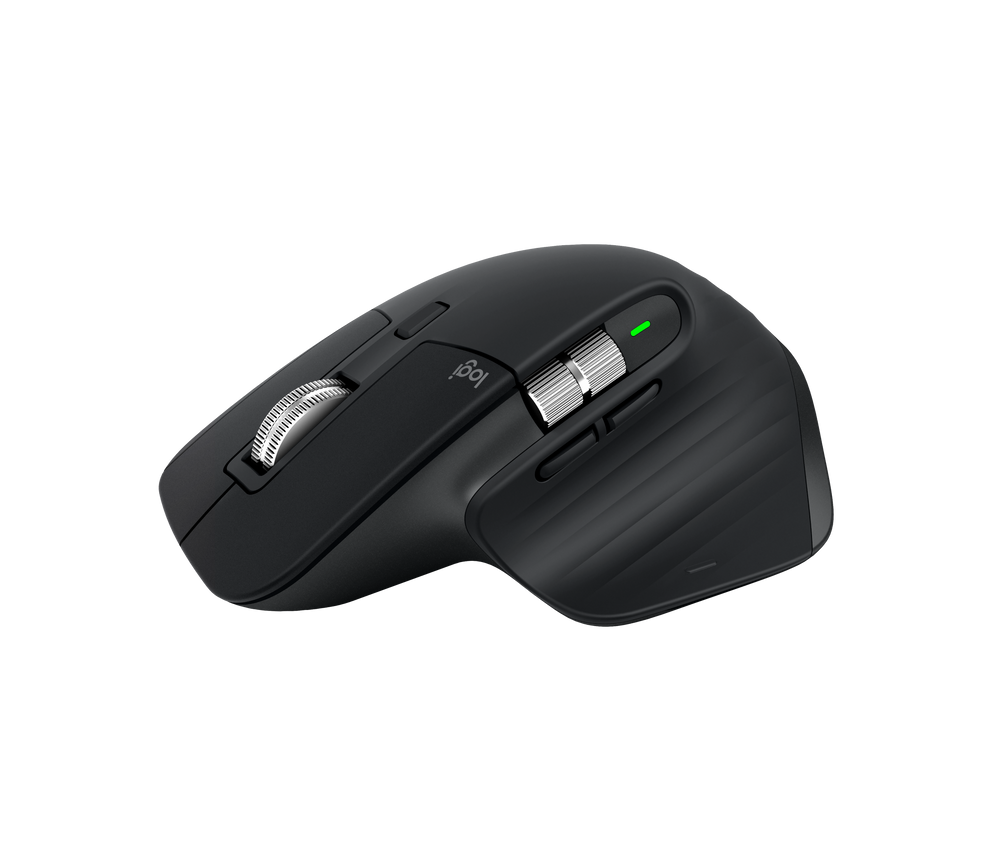 Logitech MX Master 3S in Black from the front left, showing the thumb rest, side scroll wheel and back and forward buttons