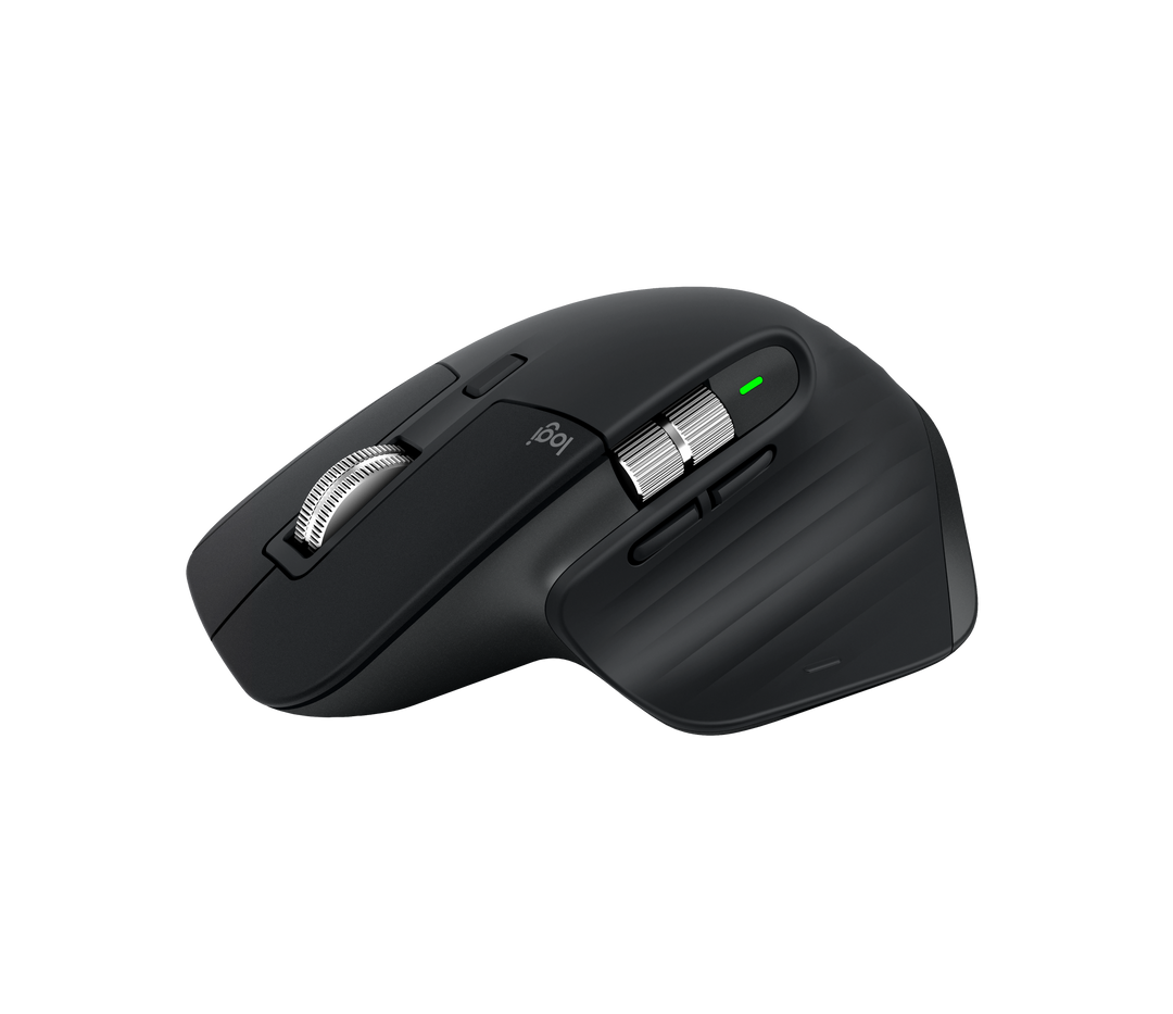 Logitech MX Master 3S in Black from the front left, showing the thumb rest, side scroll wheel and back and forward buttons