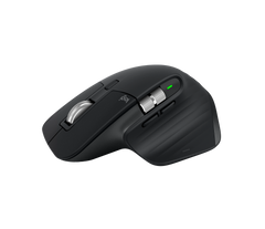 Logitech MX Master 3S in Black from the front left, showing the thumb rest, side scroll wheel and back and forward buttons