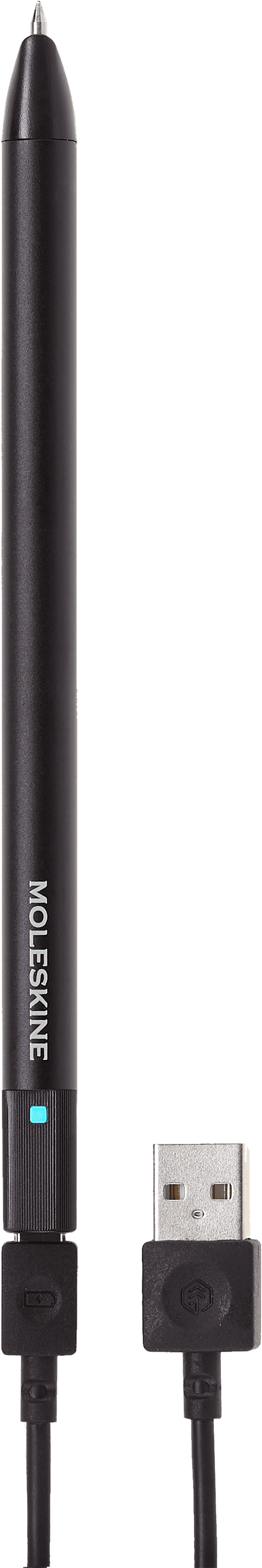 Moleskine Pen+ Ellipse smart pen in Black with the cap off, its writing tip and status light showing, connected to its USB charging cable