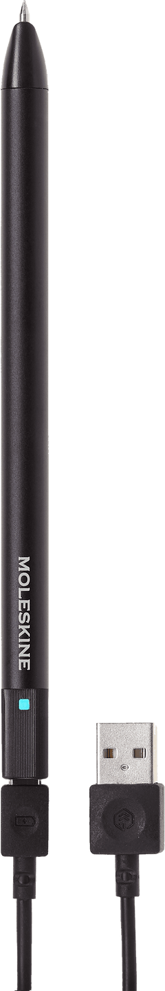 Moleskine Pen+ Ellipse smart pen in Black with the cap off, its writing tip and status light showing, connected to its USB charging cable