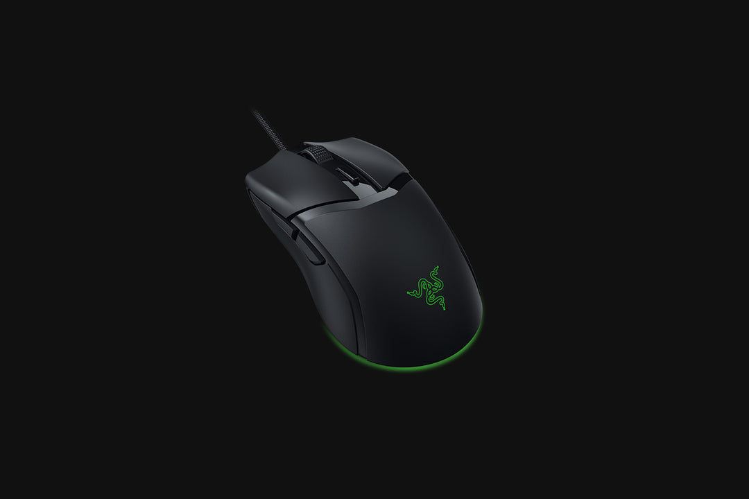 Razer Cobra in Black from an angle, showing the braided Speedflex cable, the side buttons and the lit Razer logo