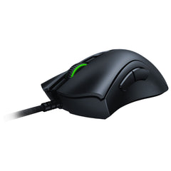 Razer DeathAdder V2 in Black from the front left, showing the Speedflex cable, the lit scroll wheel and the two thumb buttons