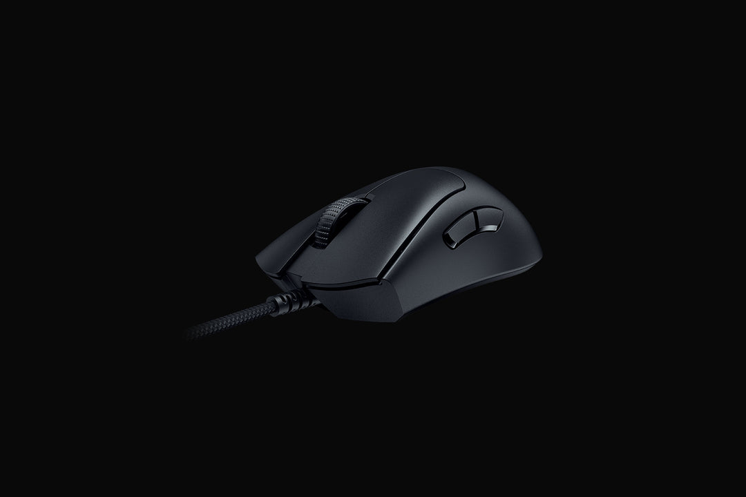 Razer DeathAdder V3 in Black from the front left, showing the scroll wheel, side buttons and Speedflex cable