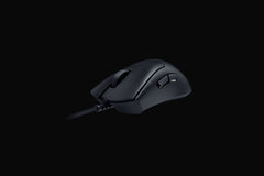 Razer DeathAdder V3 in Black from the front left, showing the scroll wheel, side buttons and Speedflex cable