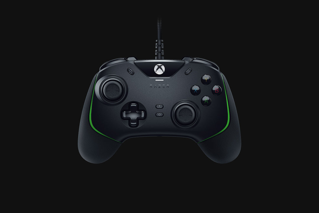 Razer Wolverine V2 wired controller in Black from the front, showing the thumbsticks, D-pad and Xbox button