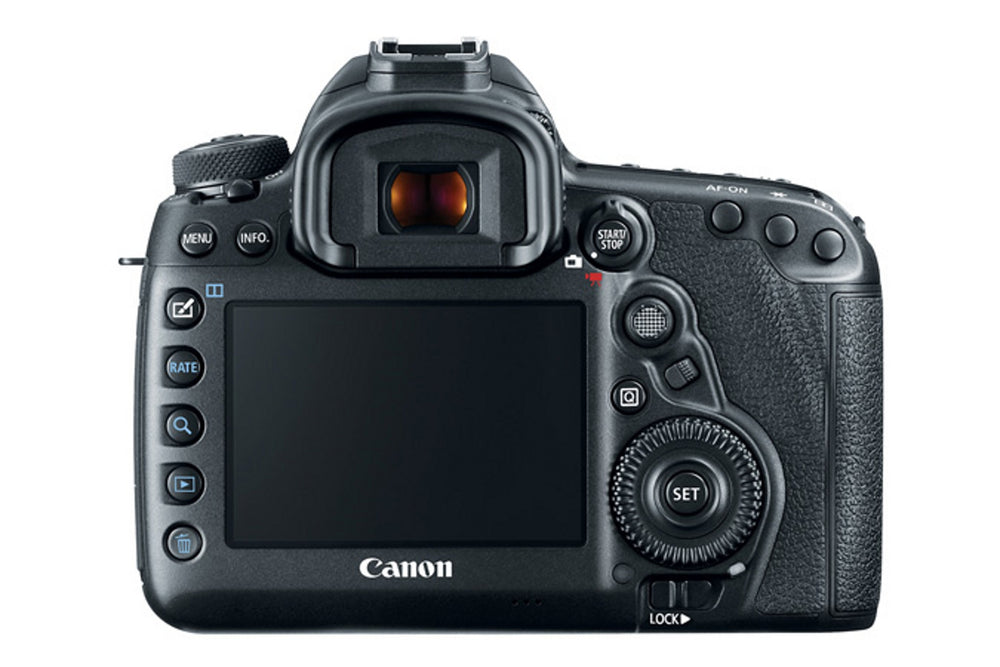 Canon EOS 5D Mark IV camera body, rear view showing the 3.2 inch touchscreen, Eyecup Eg and Quick Control Dial