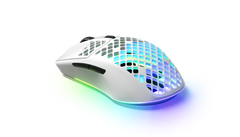 SteelSeries Aerox 3 Wireless in Snow at an angle from the left, with RGB glowing through the perforated shell