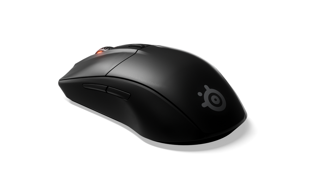 SteelSeries Rival 3 Wireless in Black from the front left, showing the two side buttons and the ergonomic right-handed shape