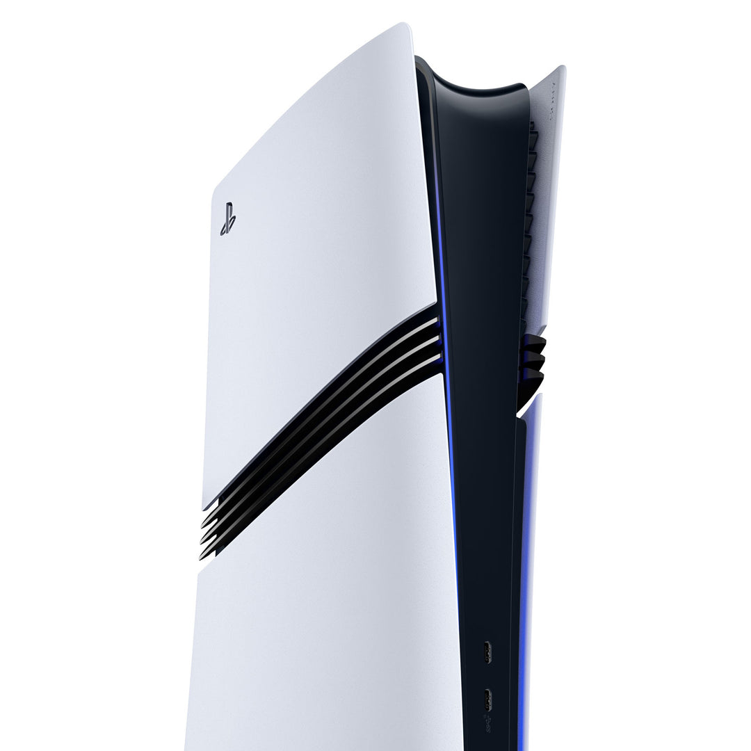 PlayStation 5 Pro Console close-up of the white covers, black centre fins and front USB-C ports