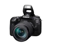 Canon EOS 90D with the 18-135mm lens and the built-in flash raised
