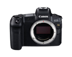 Canon EOS Ra body from the front, angled down to show the top dials, hot shoe and top LCD panel