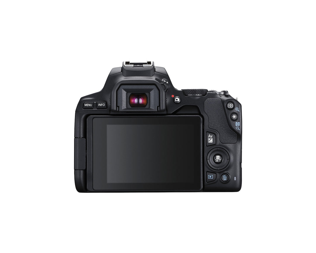 Back of the Canon EOS Rebel SL3 showing the 3.0-inch touchscreen, viewfinder and controls