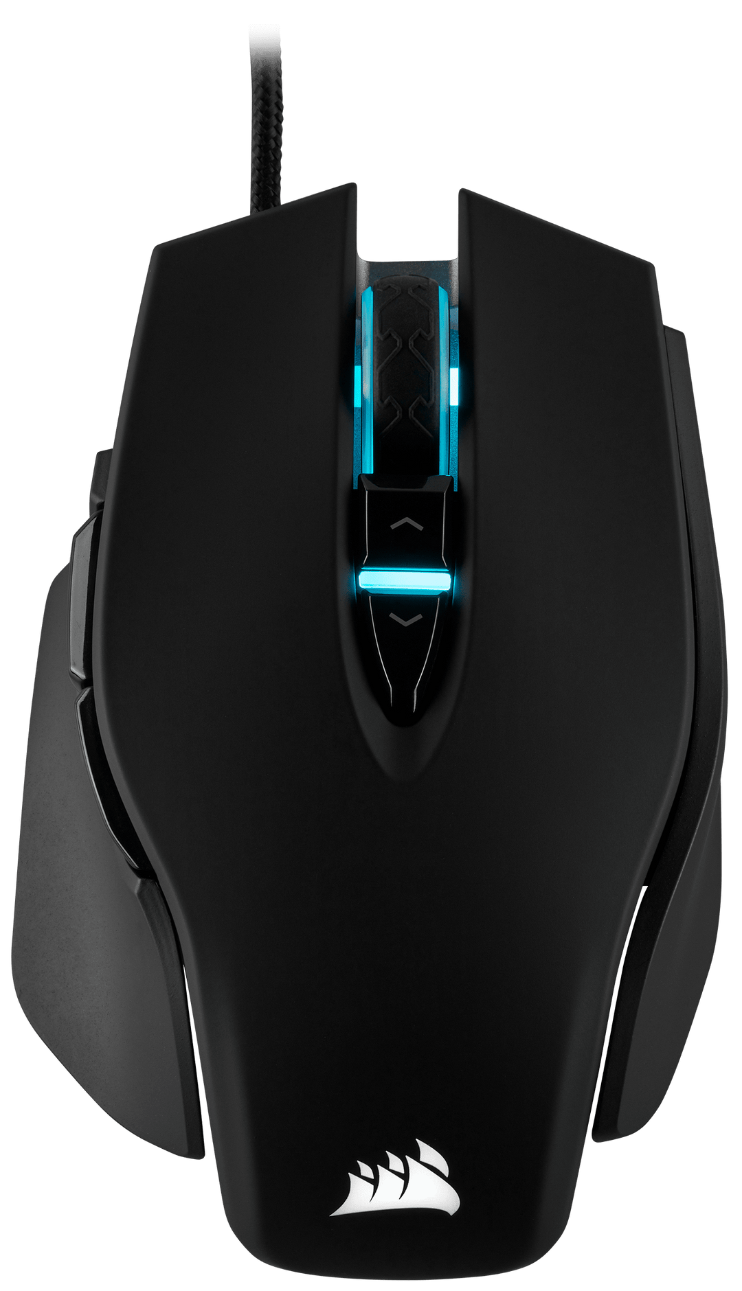 Top view of the Corsair M65 RGB ELITE in Black, showing the split main buttons, scroll wheel and DPI buttons