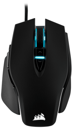 Top view of the Corsair M65 RGB ELITE in Black, showing the split main buttons, scroll wheel and DPI buttons