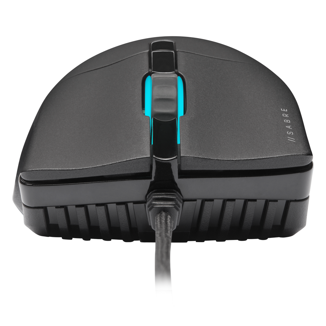 Front view of the Corsair SABRE RGB PRO Champion Series in Black, showing the QUICKSTRIKE main buttons, the scroll wheel and the paracord cable