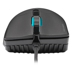 Front view of the Corsair SABRE RGB PRO Champion Series in Black, showing the QUICKSTRIKE main buttons, the scroll wheel and the paracord cable