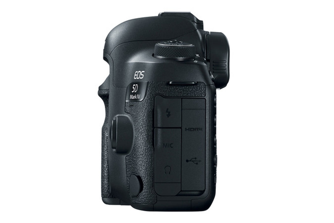 Canon EOS 5D Mark IV camera body, left side showing MIC, headphone, HDMI and USB port covers