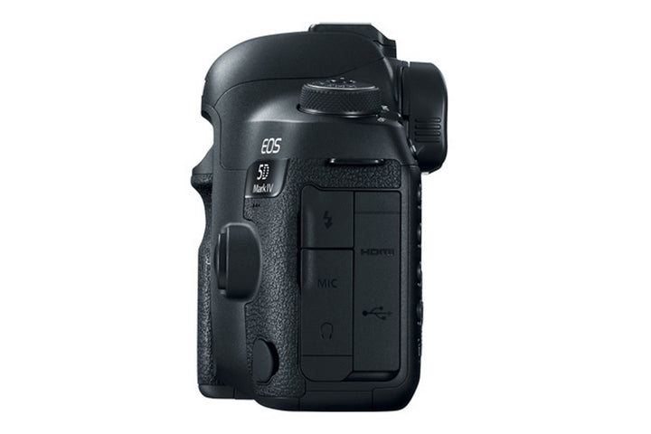 Canon EOS 5D Mark IV camera body, left side showing MIC, headphone, HDMI and USB port covers