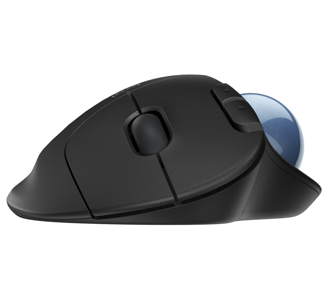 Logitech ERGO M575 in Black from the front, showing the left and right click buttons and the scroll wheel