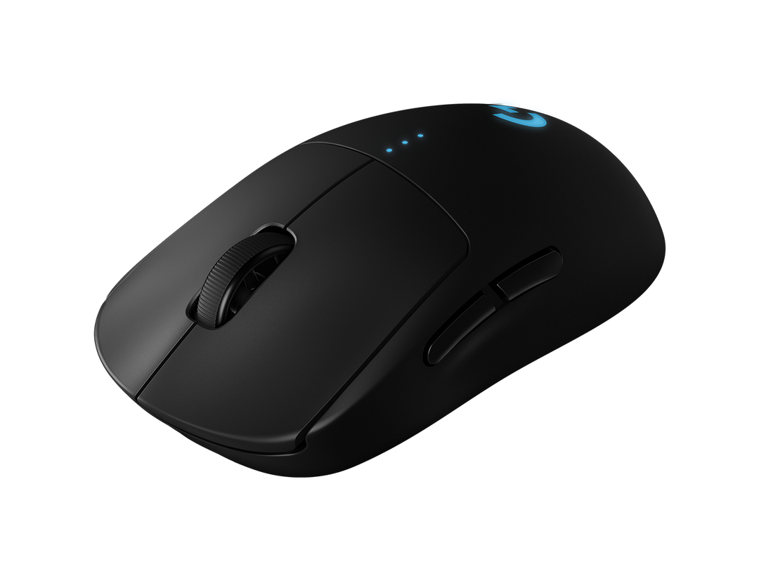Logitech G PRO Wireless Gaming Mouse in Black from an angle, showing the scroll wheel, side buttons and G logo