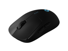 Logitech G PRO Wireless Gaming Mouse in Black from an angle, showing the scroll wheel, side buttons and G logo