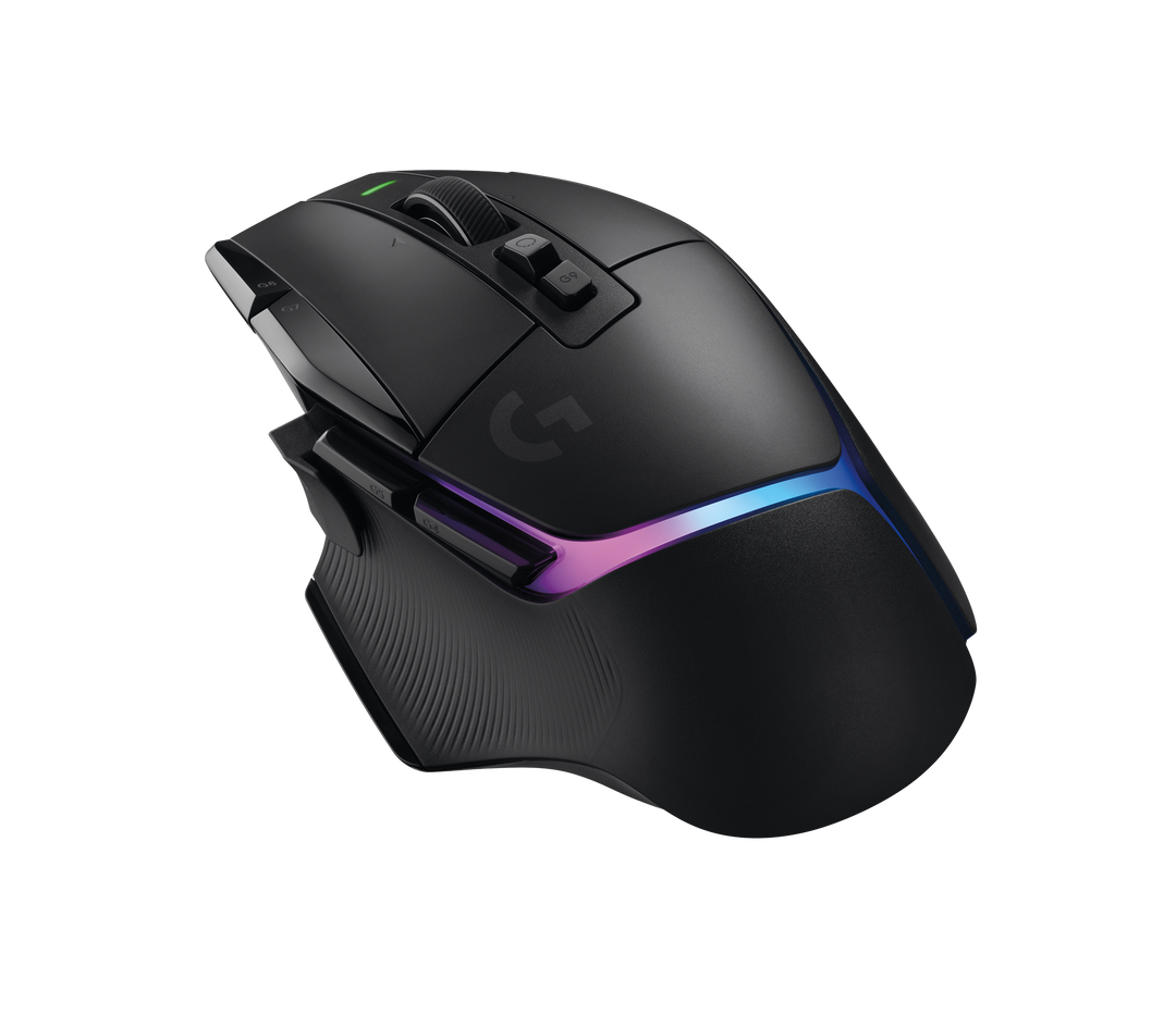 Logitech G502 X PLUS in Black from a high rear left angle, showing the RGB light strip and the thumb side buttons