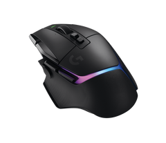 Logitech G502 X PLUS in Black from a high rear left angle, showing the RGB light strip and the thumb side buttons