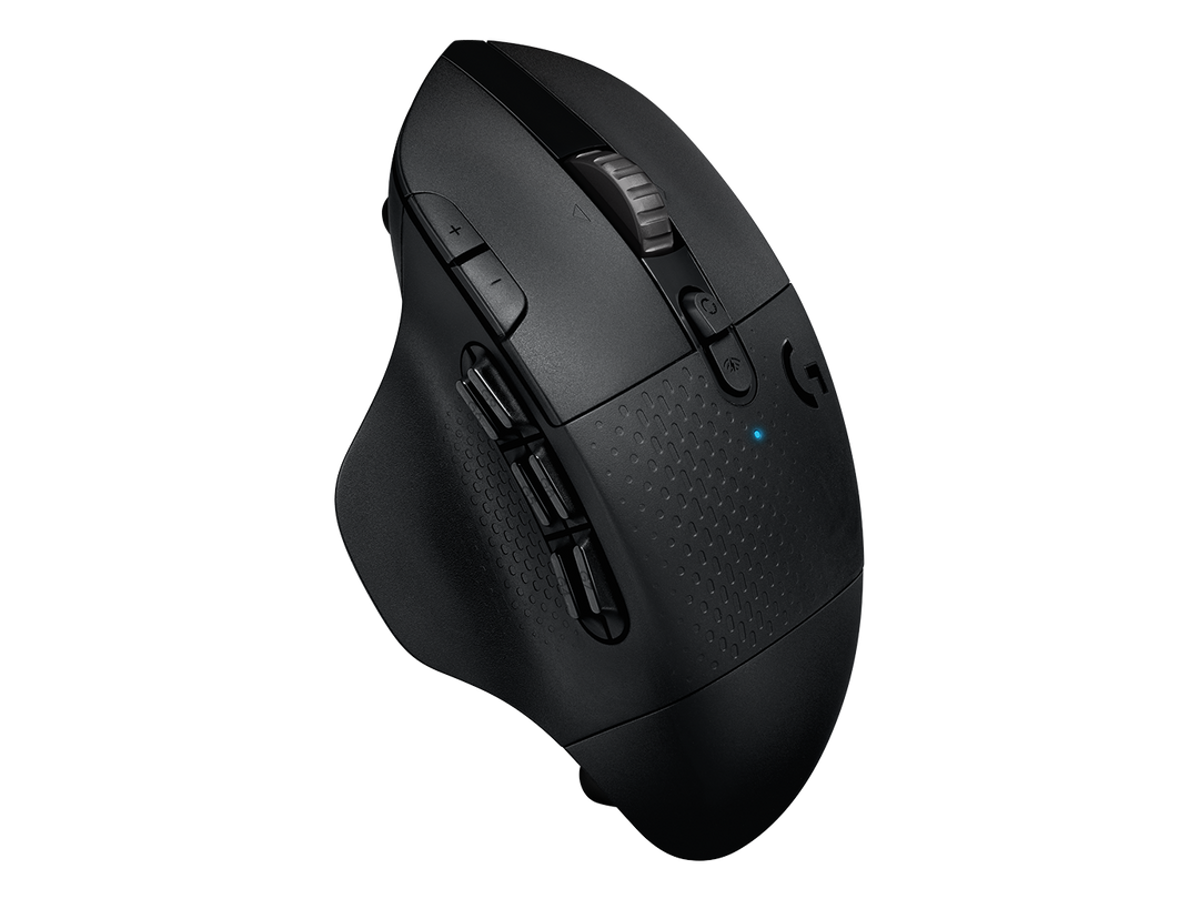Logitech G604 Wireless Gaming Mouse in Black from above on the left side, showing the six thumb buttons and the thumb rest
