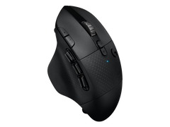 Logitech G604 Wireless Gaming Mouse in Black from above on the left side, showing the six thumb buttons and the thumb rest