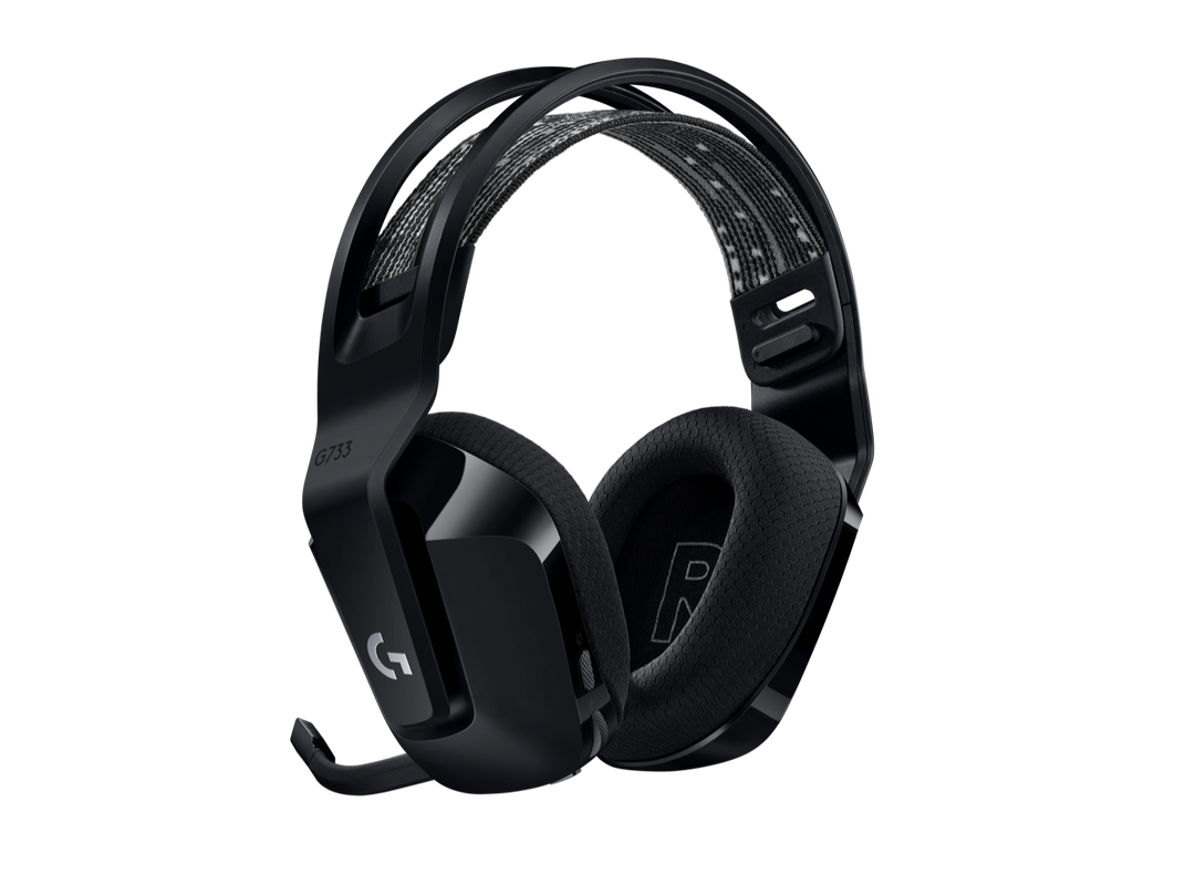 Logitech G733 in Black from behind at an angle, showing both earcups, the G733 lettering and the detachable microphone