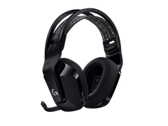 Logitech G733 in Black from behind at an angle, showing both earcups, the G733 lettering and the detachable microphone