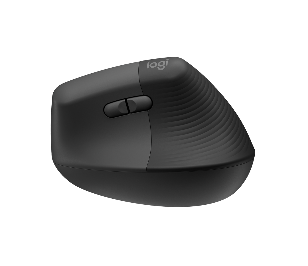 Logitech Lift in Graphite, left side with the back and forward thumb buttons and the logi logo