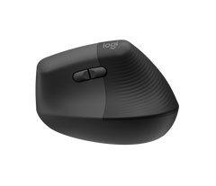 Logitech Lift in Graphite, left side with the back and forward thumb buttons and the logi logo