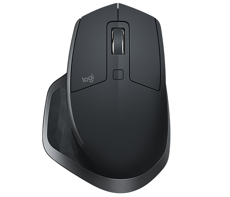 Top view of the Logitech MX Master 2S in Graphite with the scroll wheel and the mode shift button