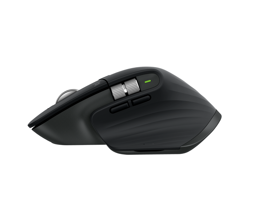 Logitech MX Master 3S in Black, left side profile with the thumb wheel, gesture area and textured grip